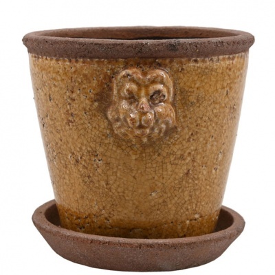 Vaso Terracota vidrado cracle amarelo com leão Vaso Terracota vidrado cracle amarelo com leão