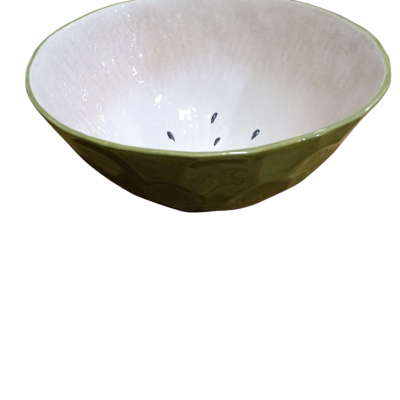 Taça de cerâmica verde com interior branco e pontos pretos