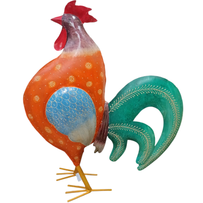Escultura de galo colorido em metal