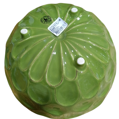 Vaso de cerâmica verde com padrão pétalas e rótulo