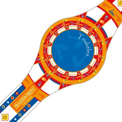 Relógio digital colorido com padrões geométricos e texto Triskeles e BADDYBOY