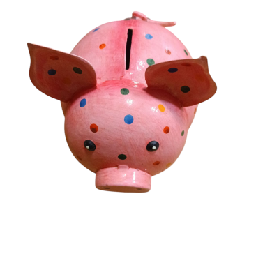Mealheiro Porquinho rosa com pintas coloridas em metal - 16*16cm