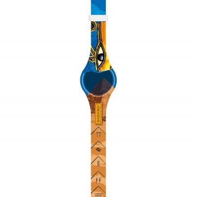 Relógio Swatch com bracelete azul e castanha com padrões gráficos e olho desenhado
