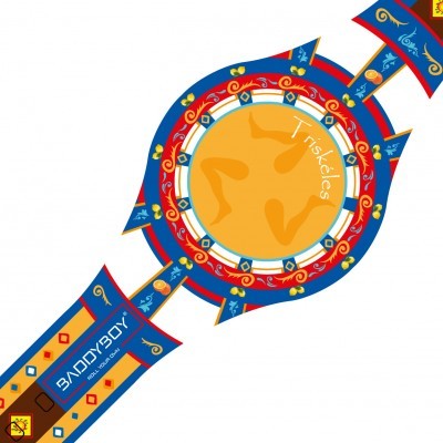 Produto circular colorido com texto e padrões geométricos e florais