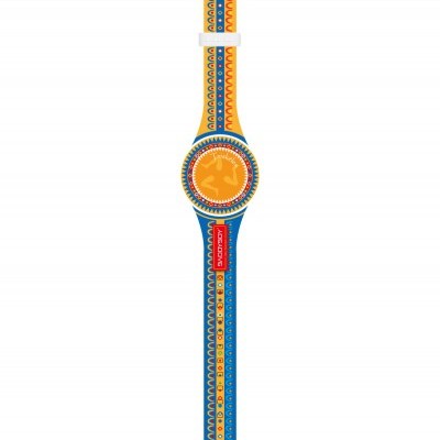 Relógio Swatch colorido com padrão decorativo circular