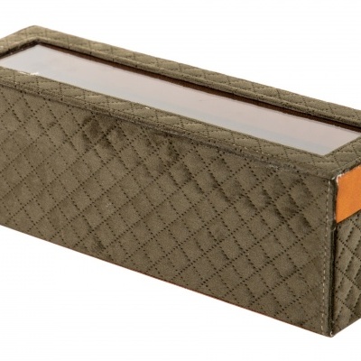 Caixa retangular acolchoada verde-oliva com tampa transparente e alça laranja