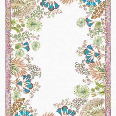 Toalha com padrão floral colorido e moldura decorativa