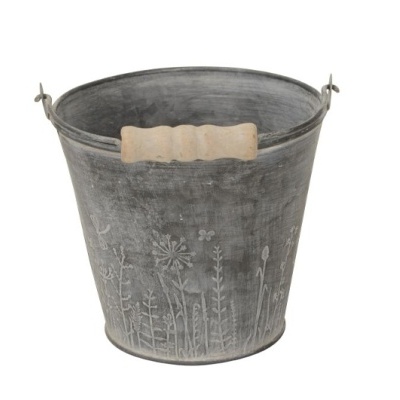 Vaso/Balde em zinco com alça e pega em madeira