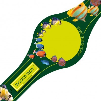 Pulseira verde com peixes tropicais e texto Save the Oceans