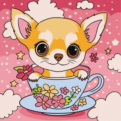 Cachorro ilustrado dentro de chávena azul com flores em fundo rosa