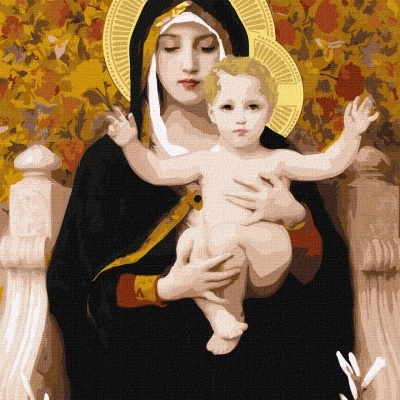 Pintura religiosa da Virgem Maria com Menino Jesus e fundo com flores amarelas.