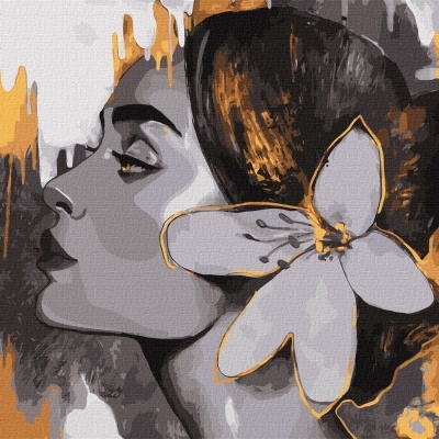 Ilustração artística de mulher em perfil com flor branca e detalhes dourados.