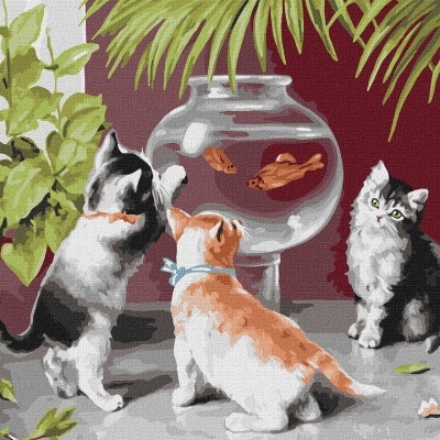 Três gatos a olhar para um aquário redondo com peixes dourados em pintura por números.