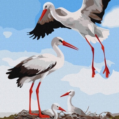 Tela pintada de cegonhas brancas e pretas com bicos e pernas vermelhas num ninho em céu azul com nuvens.