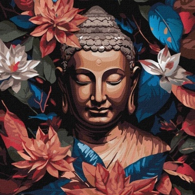 Imagem estampada de escultura de Buda rodeada por flores e folhas coloridas