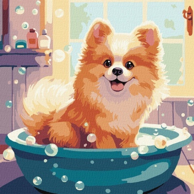 Ilustração de cão pequeno numa banheira azul com bolhas