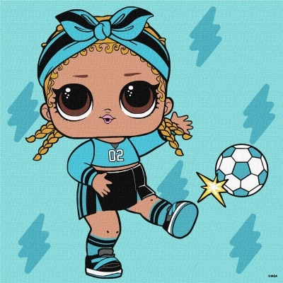 Boneca a chutar bola de futebol com roupa desportiva azul e preta