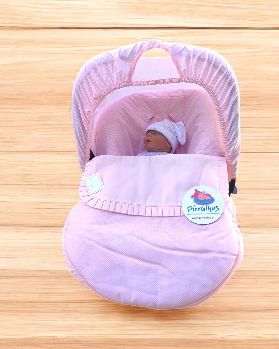 Capa de ovo/carrinho de bebé rosa com boneca e etiqueta Pirralhos