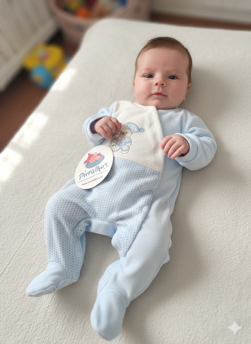 Macacão para bebé azul claro com ursinho e etiqueta da marca Pirralhos