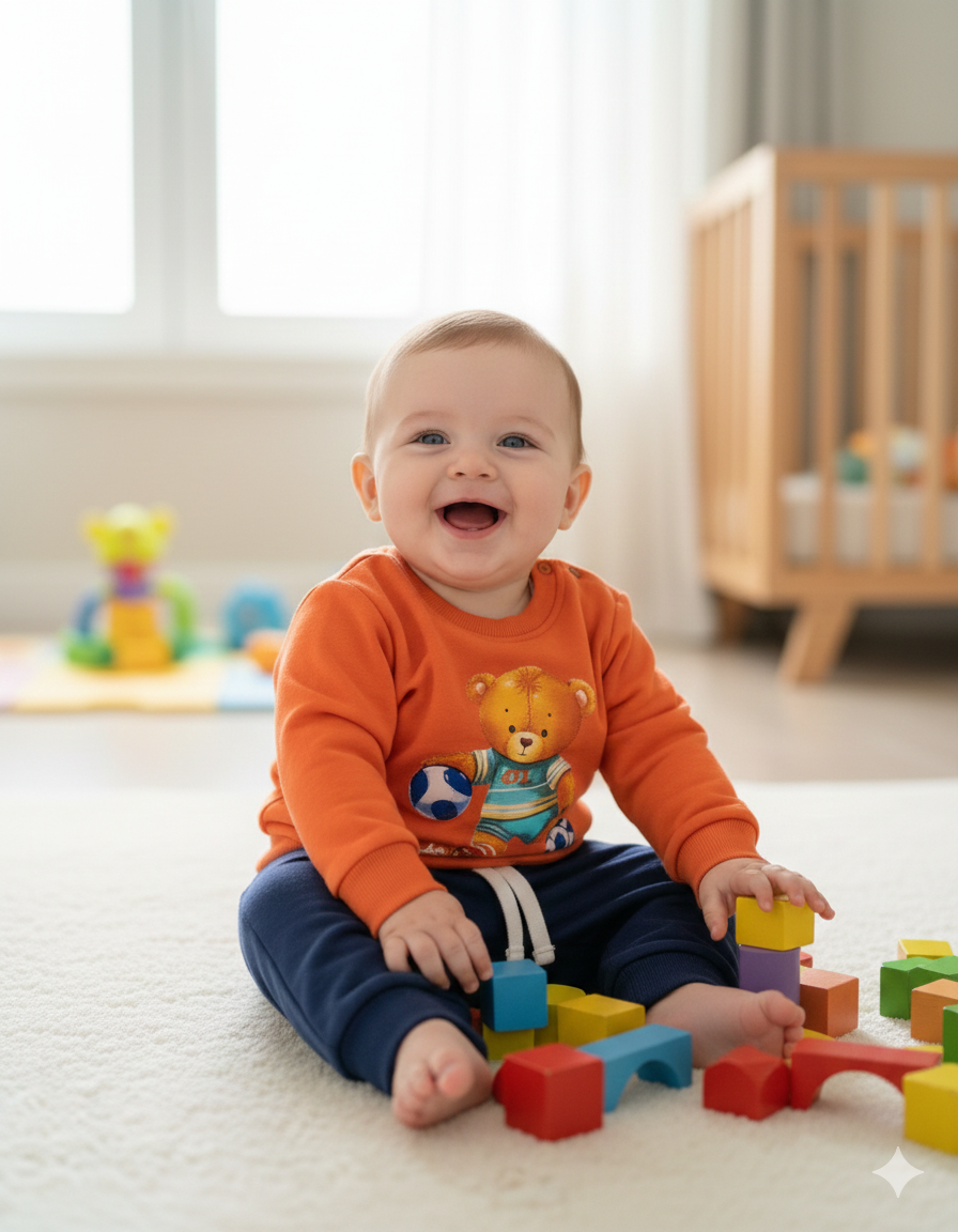 Bebé a sorrir no chão a brincar com blocos coloridos, de camisola laranja com urso e calças azuis.