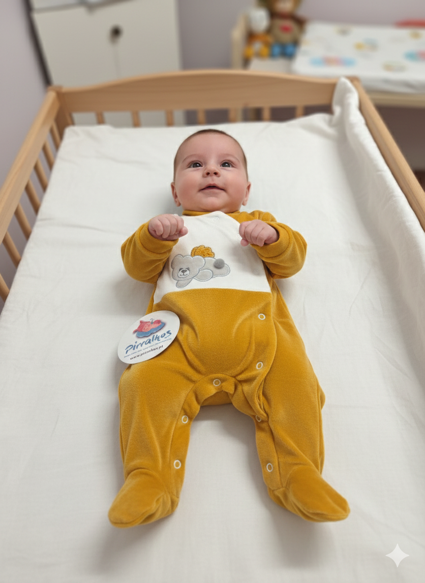 Macacão amarelo mostarda de bebé com aplicação de urso e etiqueta Piralkos