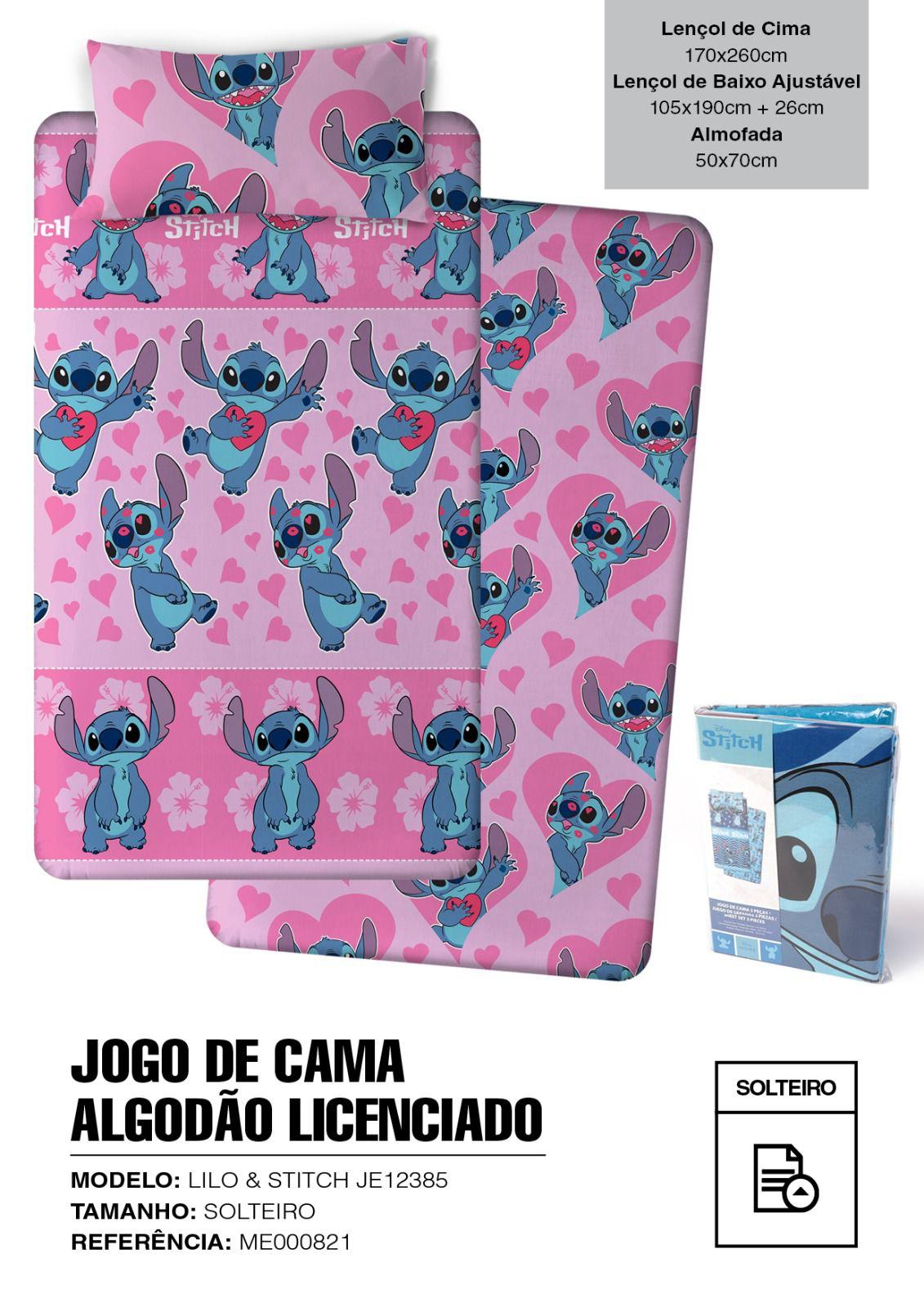 Lençóis de algodão Stitch Rosa  - cama até 105cm de largura
