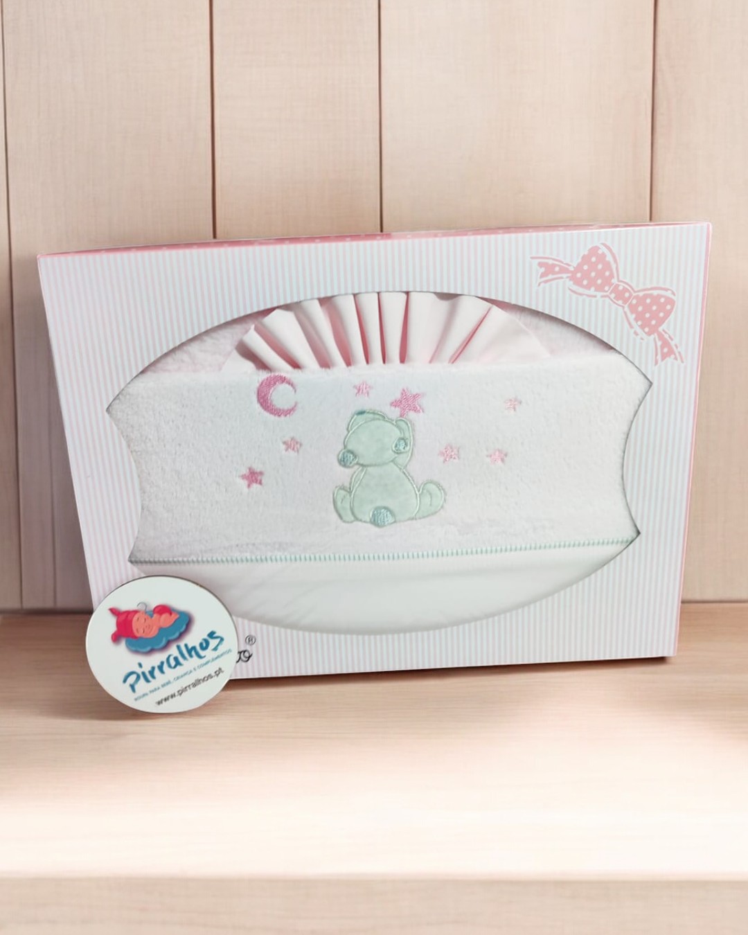 Lençóis de coralina (térmicos) Ursinho com lua e estrelas (fundo rosa)