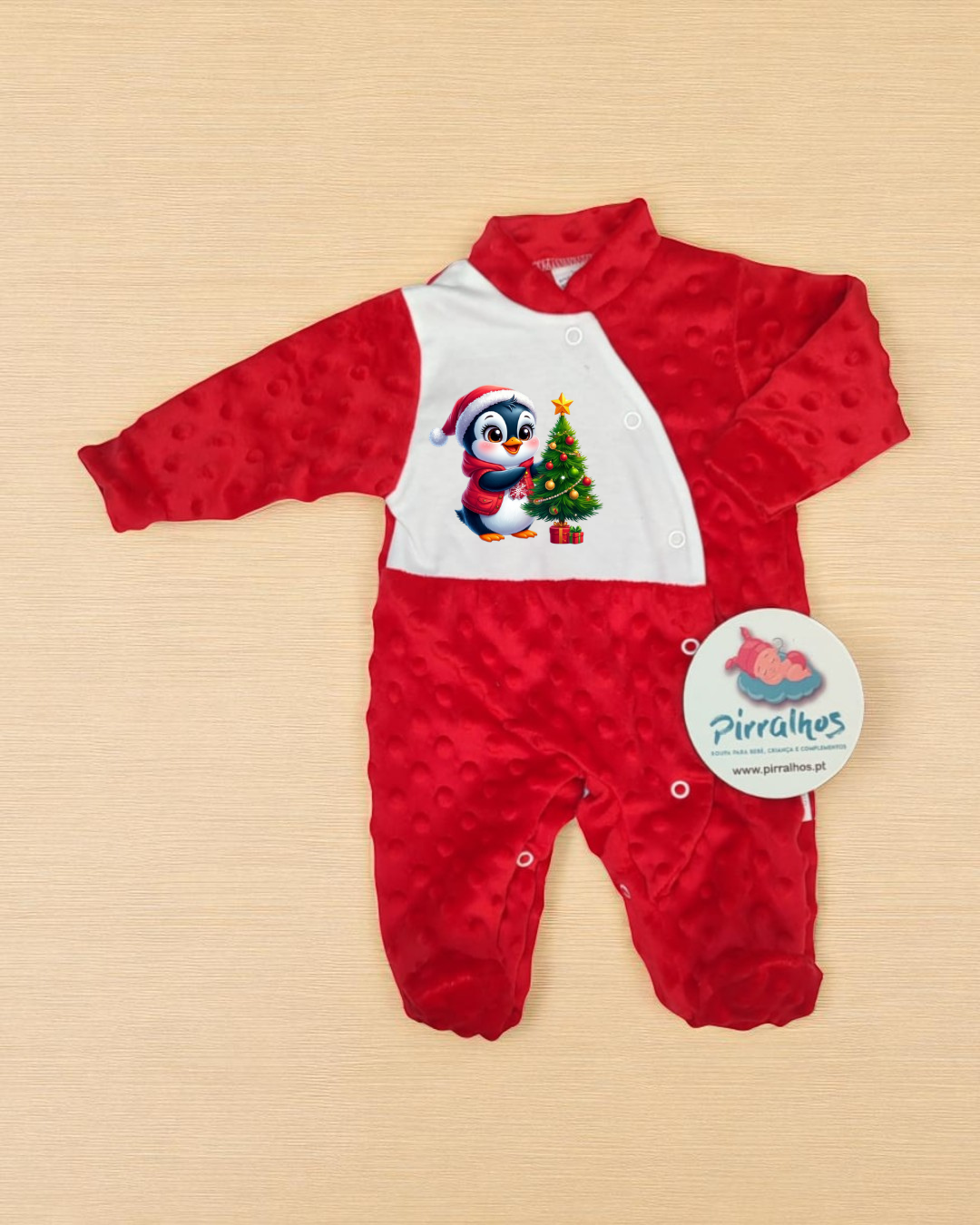 Babygrow de veludo Pipoca Pinguim e árvore de Natal - EXCLUSIVO PIRRALHOS