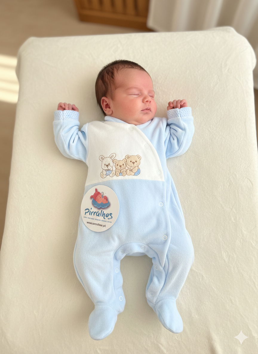 Macacão de bebé azul e branco com desenhos de animais, bebê a dormir deitado