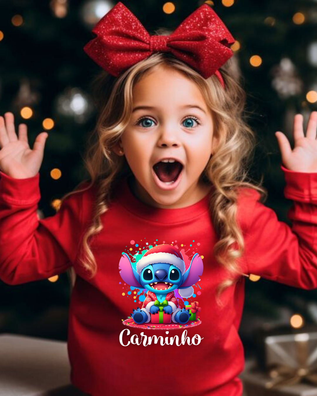 Camisola vermelha infantil com estampa Stitch Natal e nome Carminho