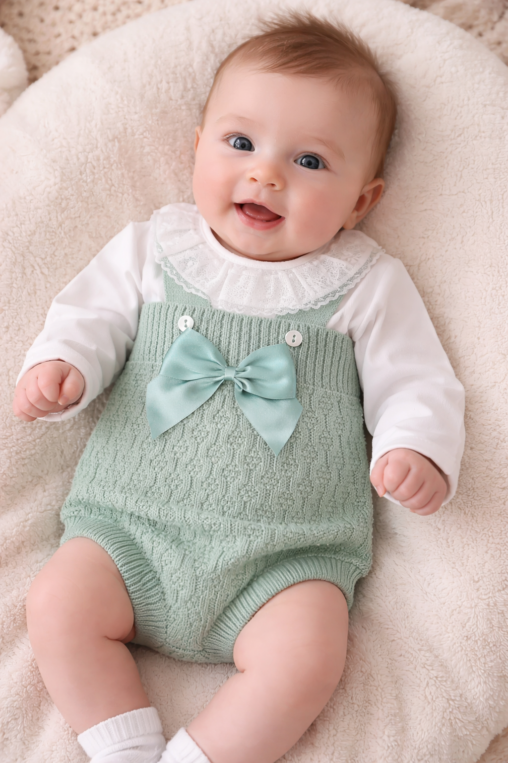 Bebé com roupa branca e macacão verde água com laço cetim, deitado em superfície macia creme.