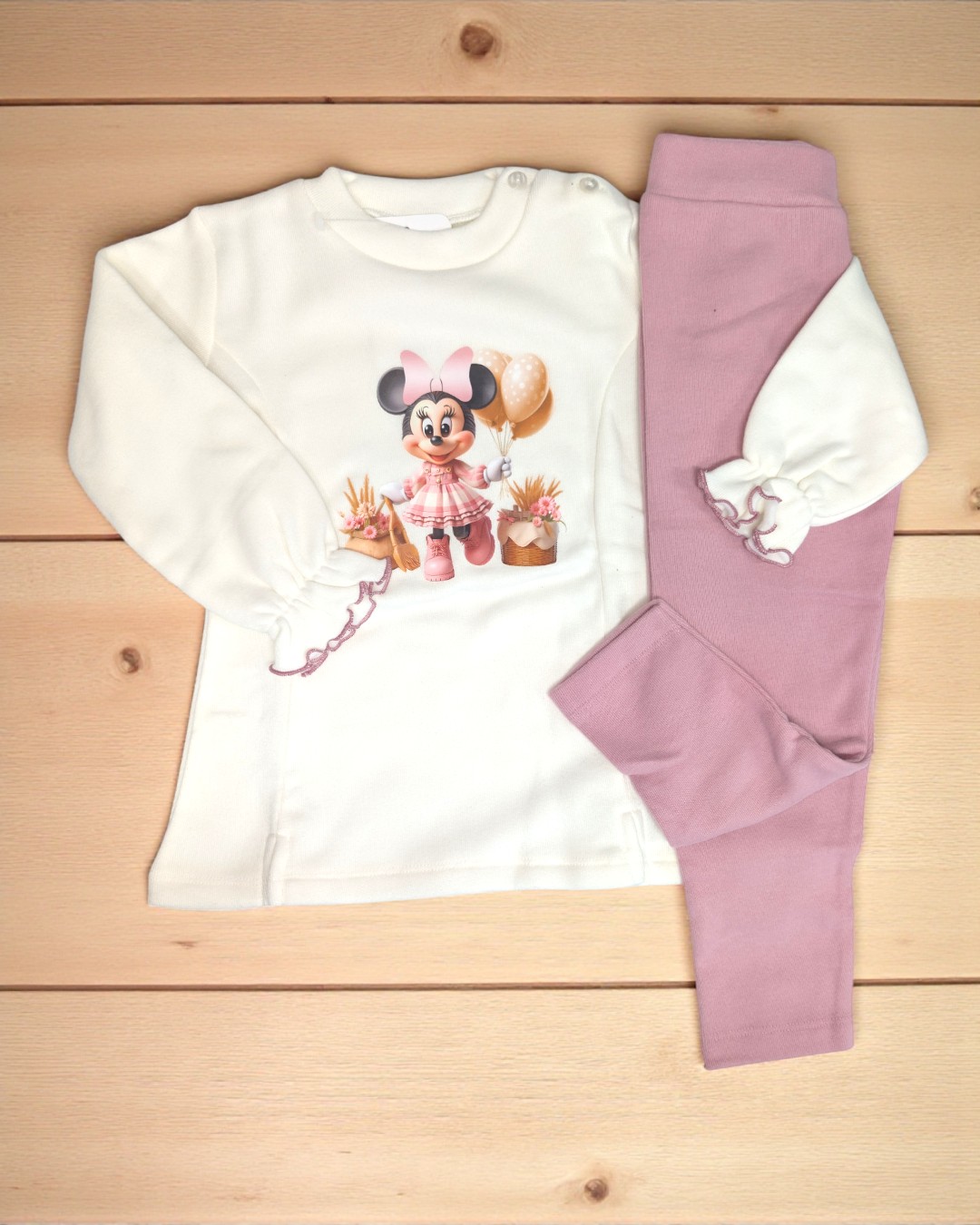Conjunto de bebé com camisola creme da Minnie e calças rosa
