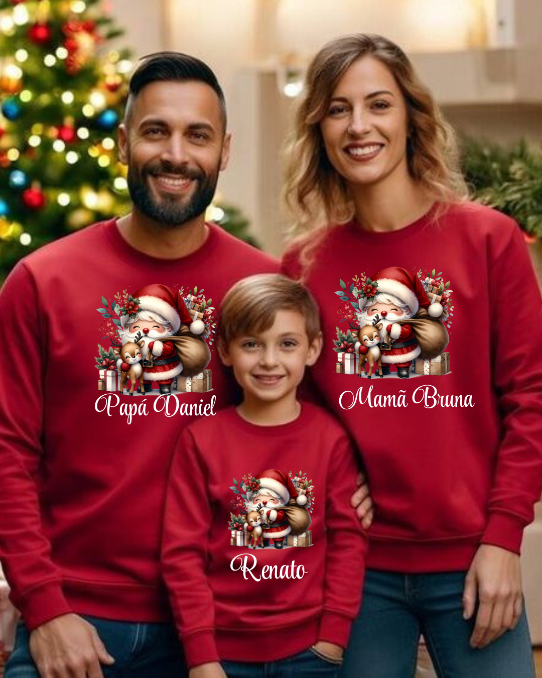 Camisolas vermelhas de Natal com Pai Natal e textos personalizados para família