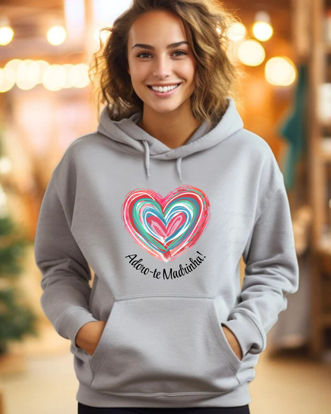 Sweatshirt cinzenta com coração colorido e texto 