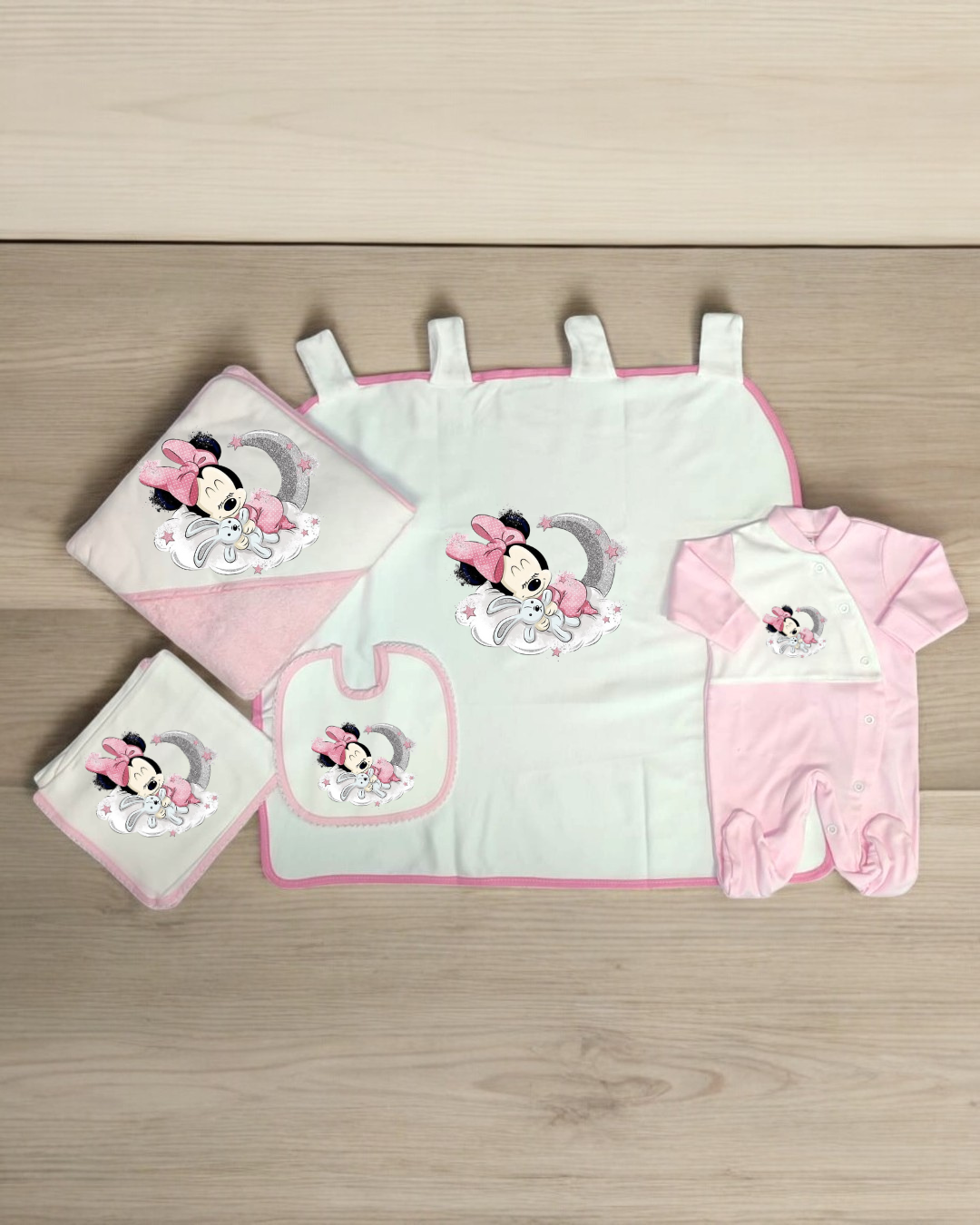 Conjunto de bebé com Minnie Mouse em rosa, branco e cinzento