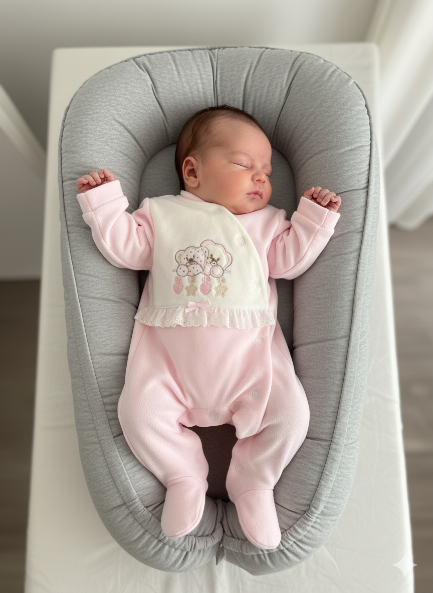 Bebé adormecido de macacão rosa claro deitado num colchão almofadado cinzento claro