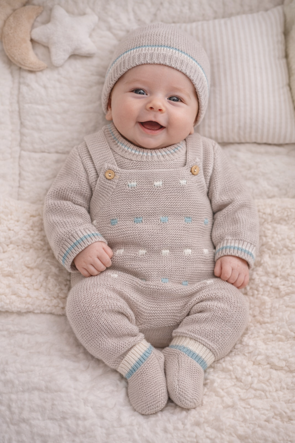 Bebé sorridente vestido com conjunto de malha bege com gorro, camisa e jardineiras com padrões azuis e brancos sentado em tapetes brancos.