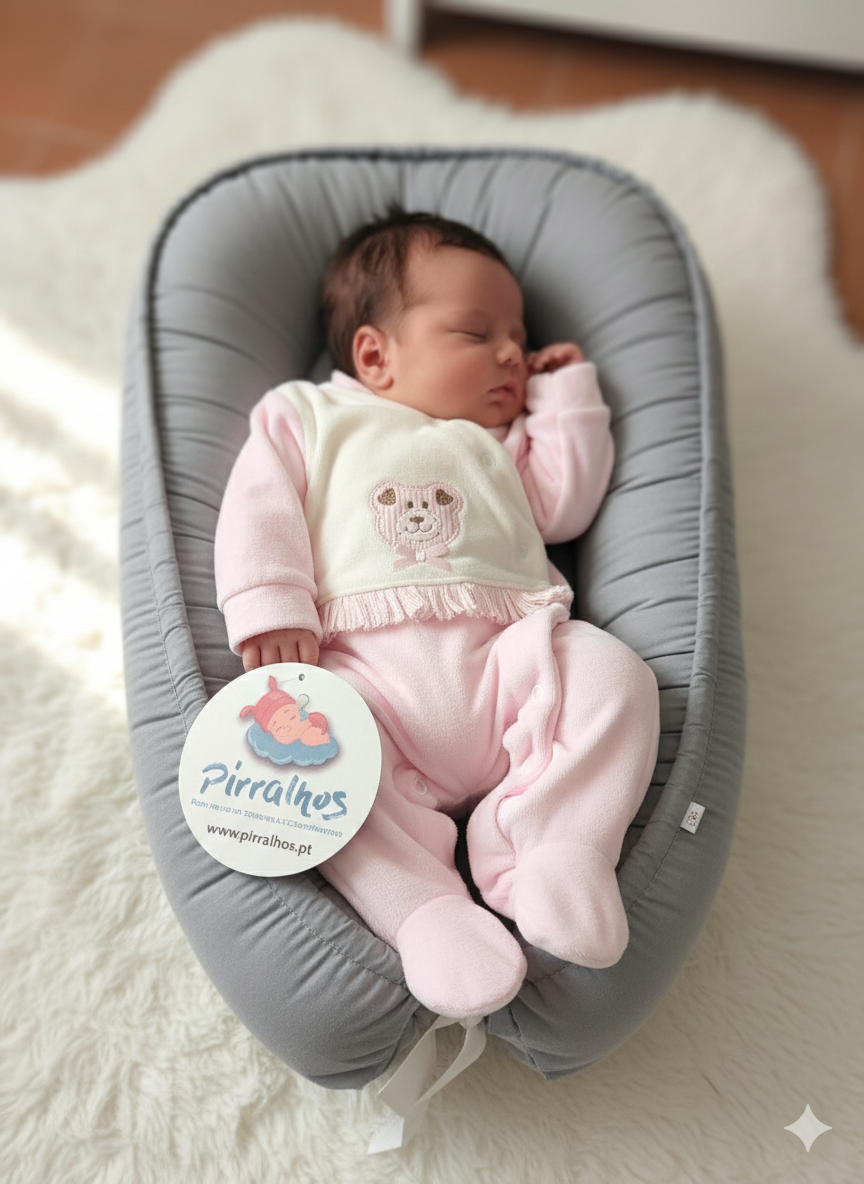Bebé recém-nascido vestido de rosa em almofada cinza com etiqueta Pirralhos