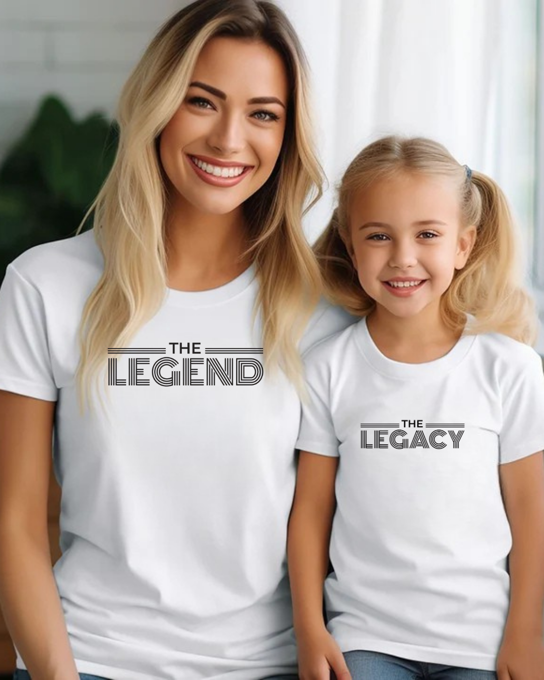 Duas t-shirts brancas com texto preto e pessoas sorrindo em ambiente interno iluminado