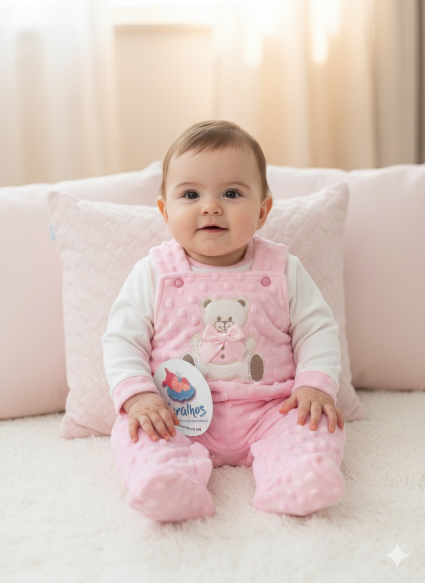 Bebé com macacão rosa texturizado e urso bordado sentado em tapete branco com almofadas cor de rosa