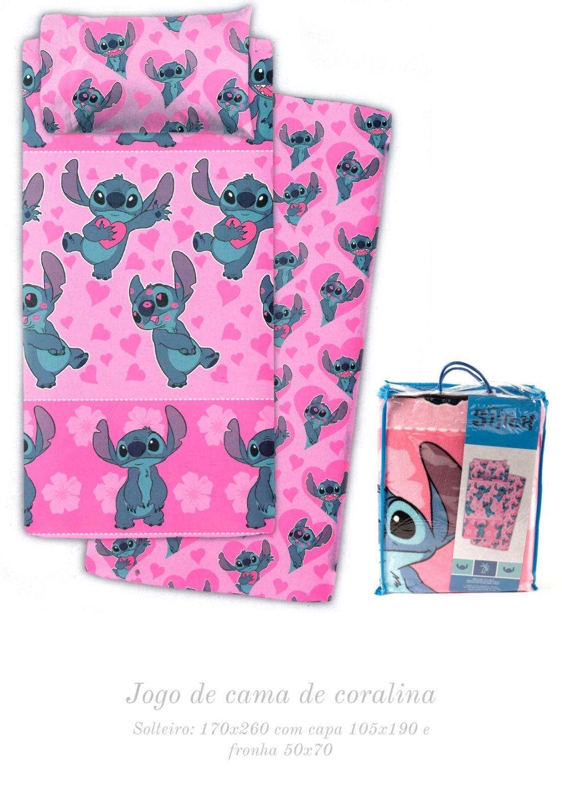 Lençóis de coralina Stitch Rosa  - cama até 90cm de largura de colchão
