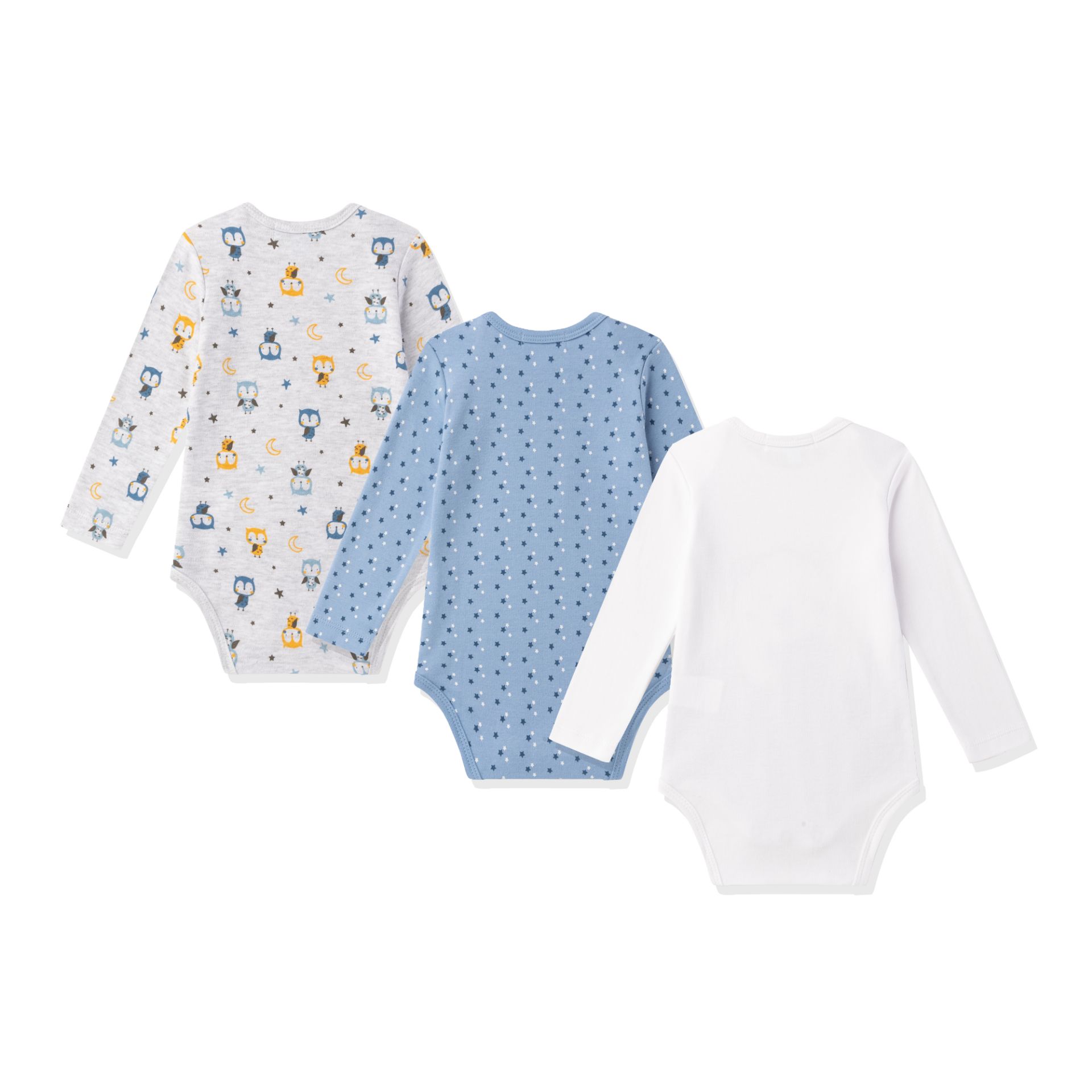 Conjunto de três bodies de manga comprida para bebé, branco, azul com estrelas e branco com animais