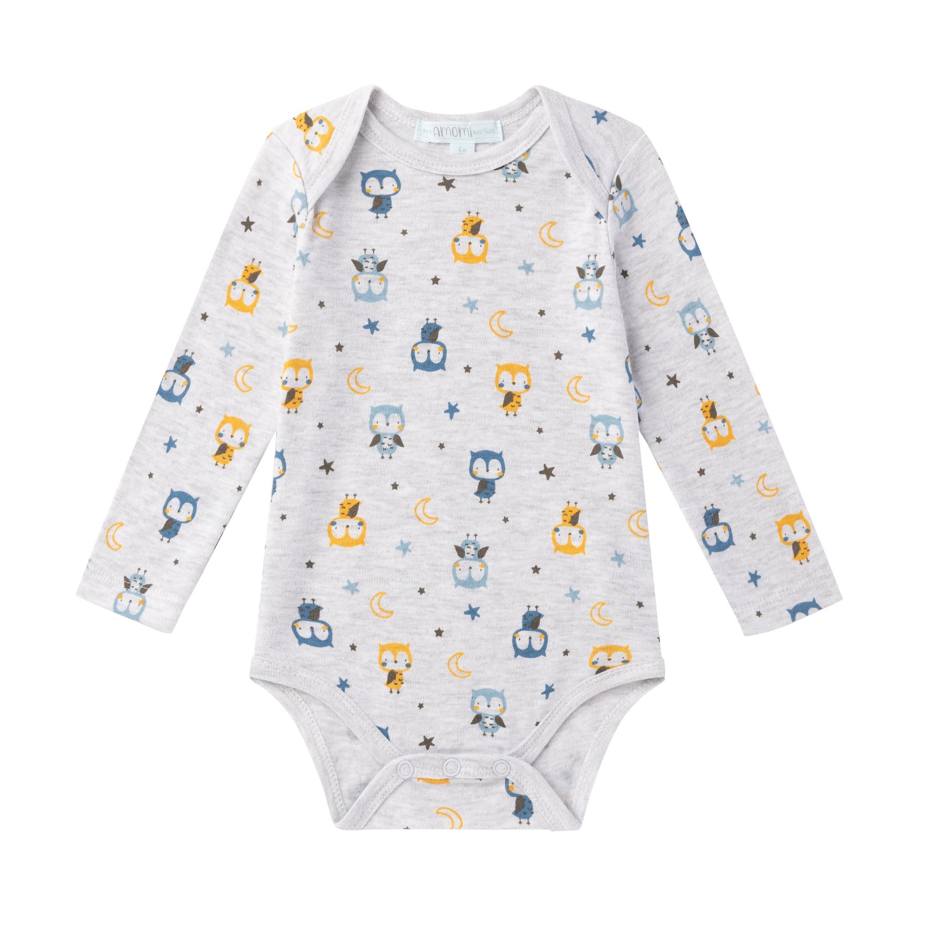 Body infantil cinza claro com estampado colorido de desenhos animados e manga comprida