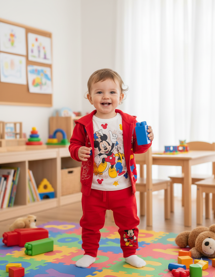 Criança com roupa vermelha e t-shirt com Mickey Mouse em quarto infantil com brinquedos coloridos