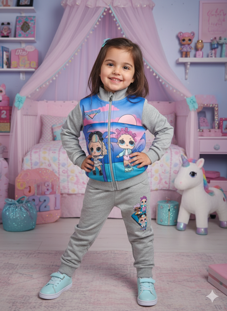 Rapariga com fato de treino cinzento com estampados coloridos e ténis azuis claros em quarto infantil cor-de-rosa e azul