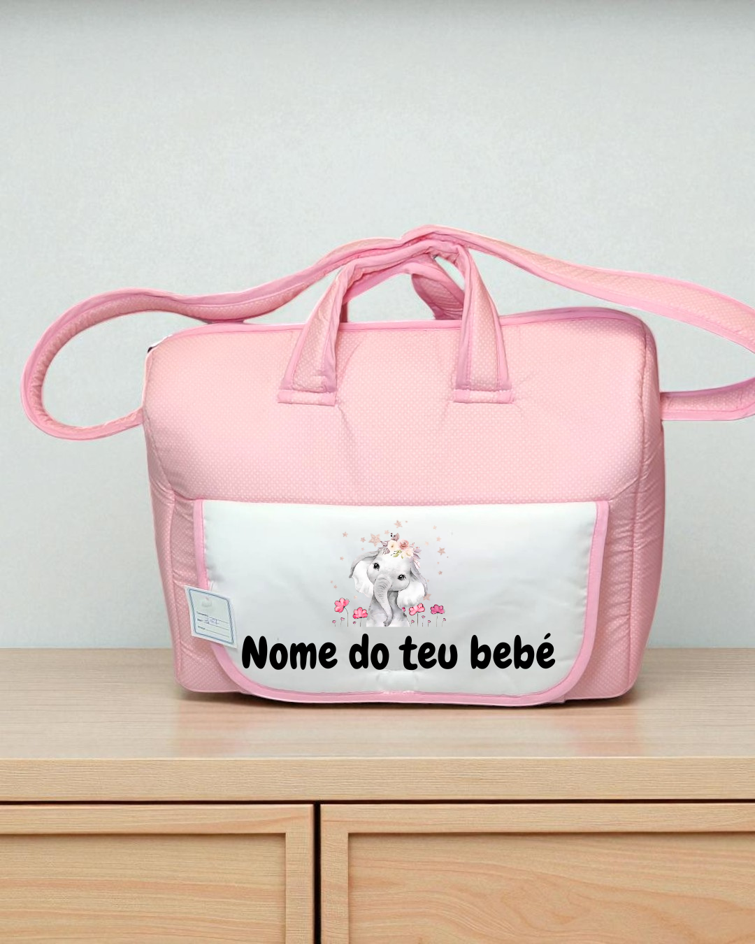 Mala de bebé cor-de-rosa com bolso branco e elefante ilustrado