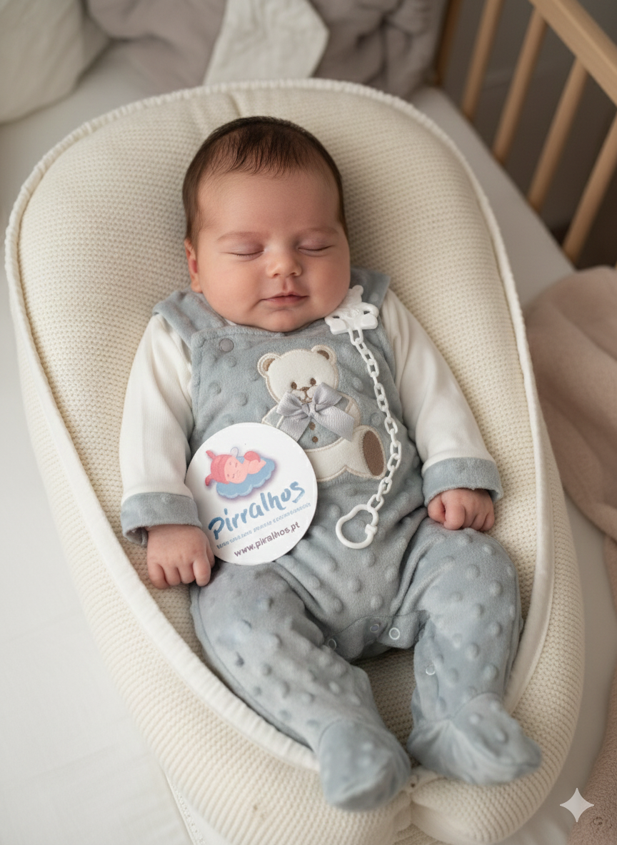 Bebé a dormir vestido com fato cinzento de urso numa almofada branca