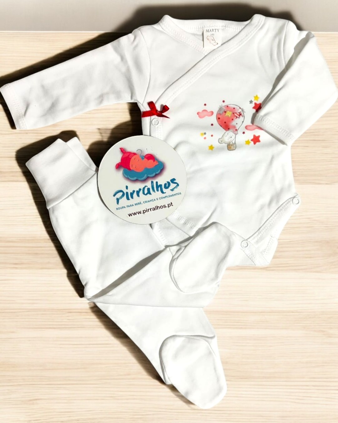 Body com calça cardado  Ursinho no balão de ar quente