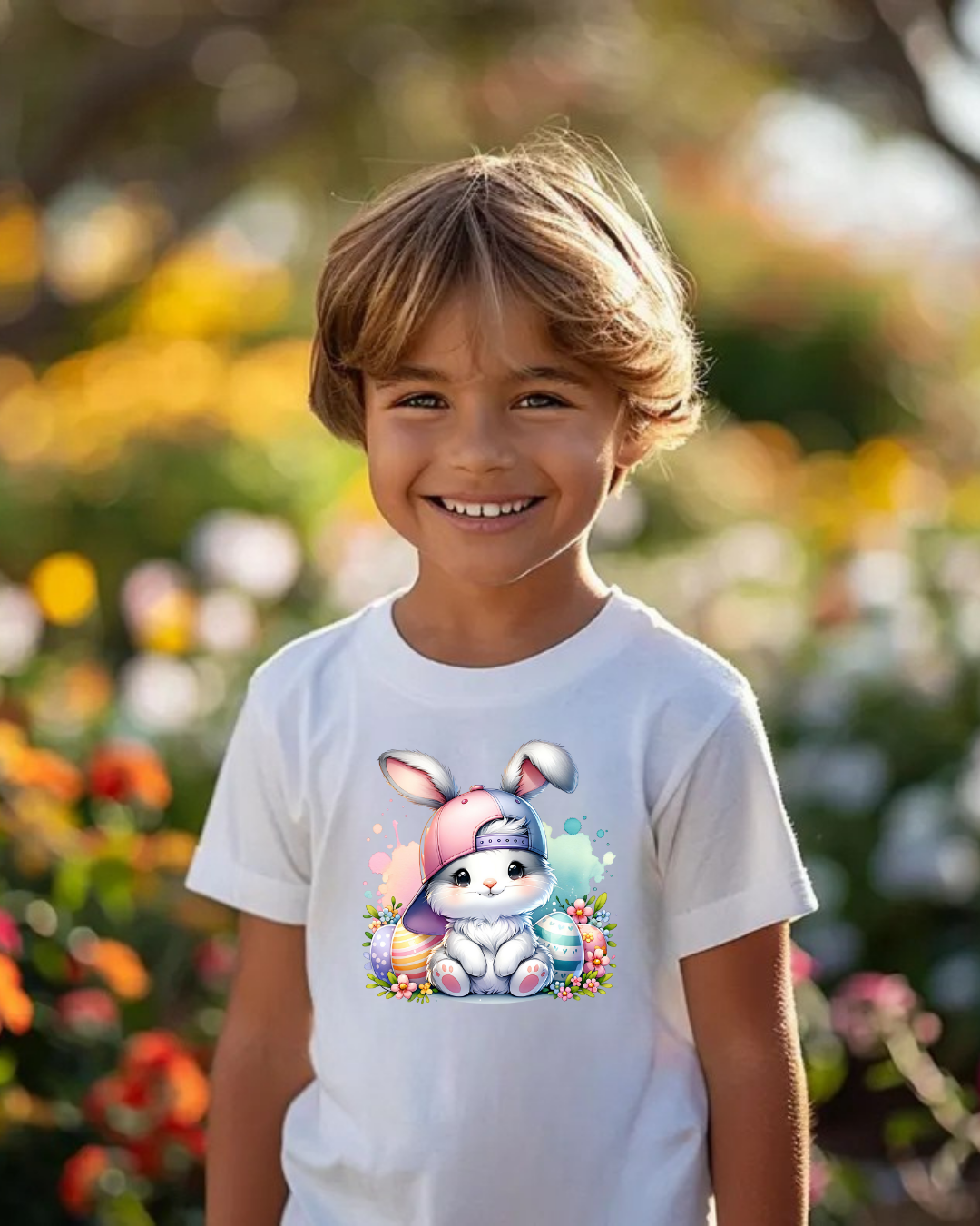 Camiseta branca com estampa de coelho e ovos de Páscoa em ambiente exterior