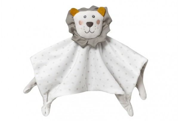 Doudou branco com padrão de estrelas e cabeça de leão de peluche